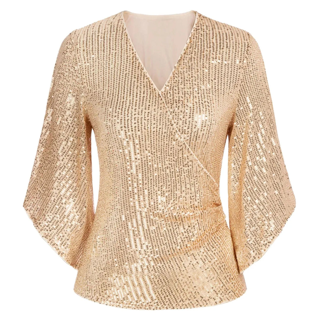 Nadine | Glitzernde V-Ausschnitt Bluse mit Ausgestellten Ärmeln
