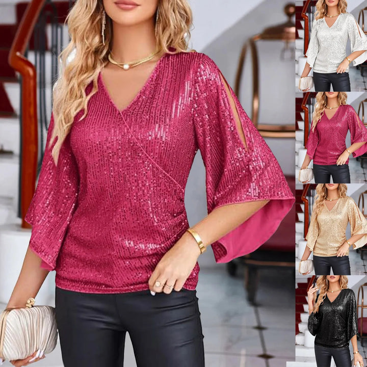 Nadine | Glitzernde V-Ausschnitt Bluse mit Ausgestellten Ärmeln