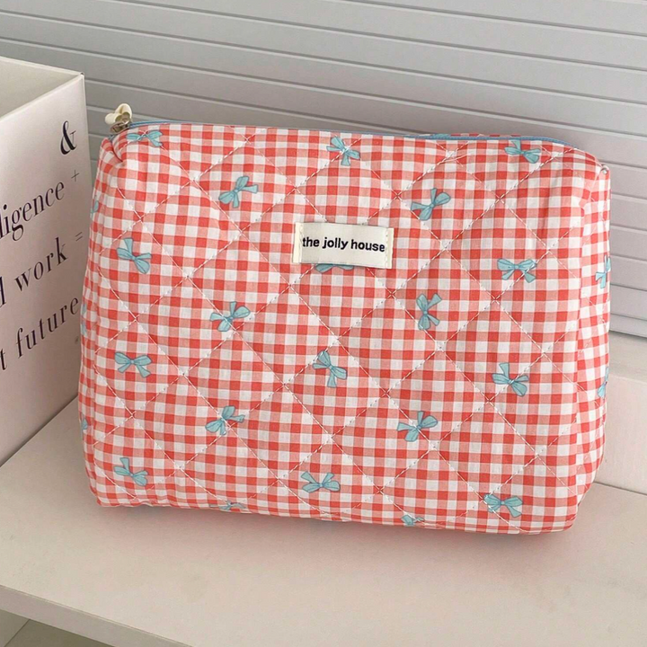 Chloe | Charmantes kariertes Make-up-Täschchen-Set mit Schleifen-Design