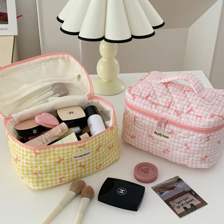 Chloe | Charmantes kariertes Make-up-Täschchen-Set mit Schleifen-Design