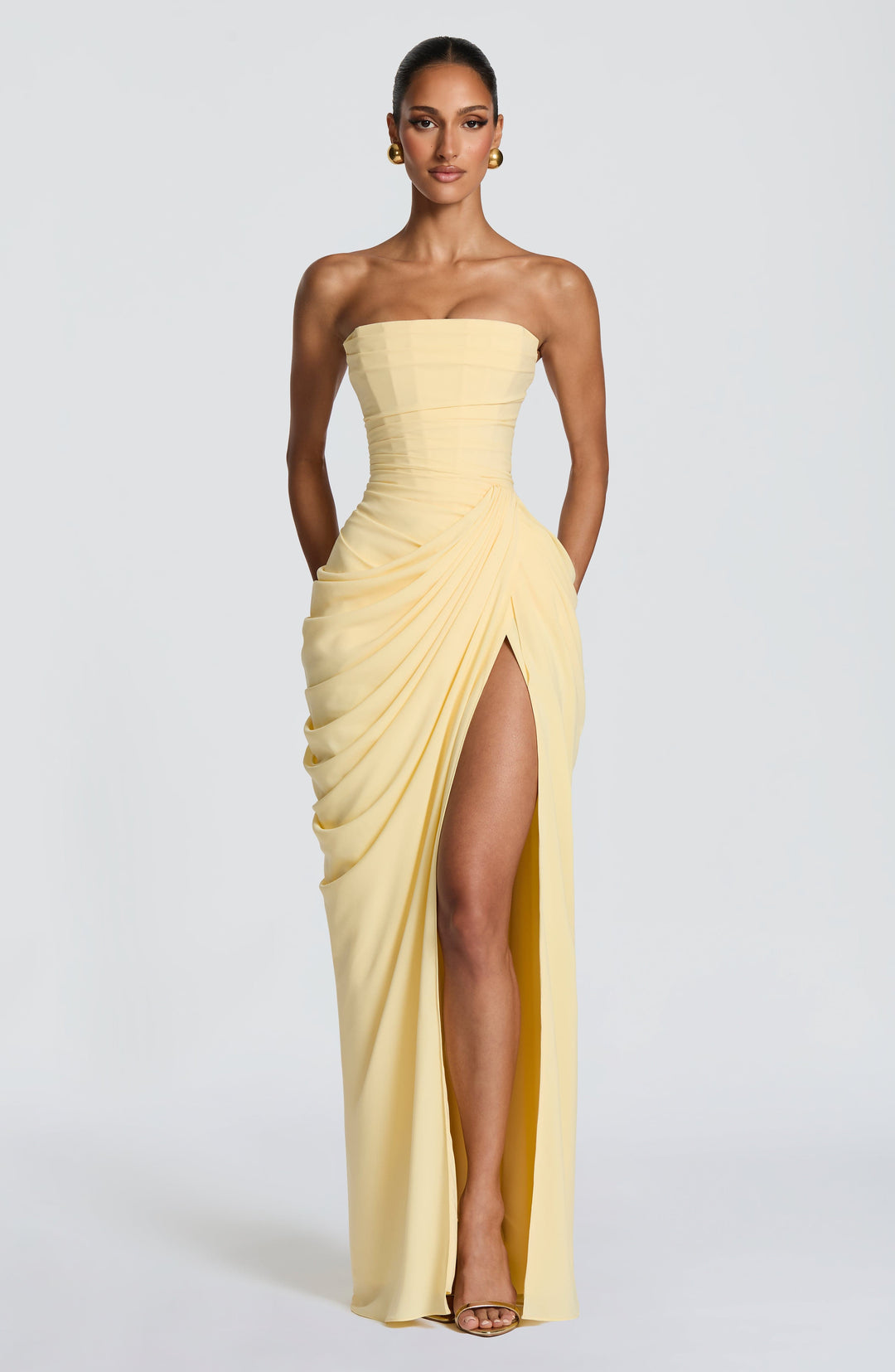 Skulpturales Maxikleid für Frauen – Elegantes trägerloses Design mit Beinschlitz 0