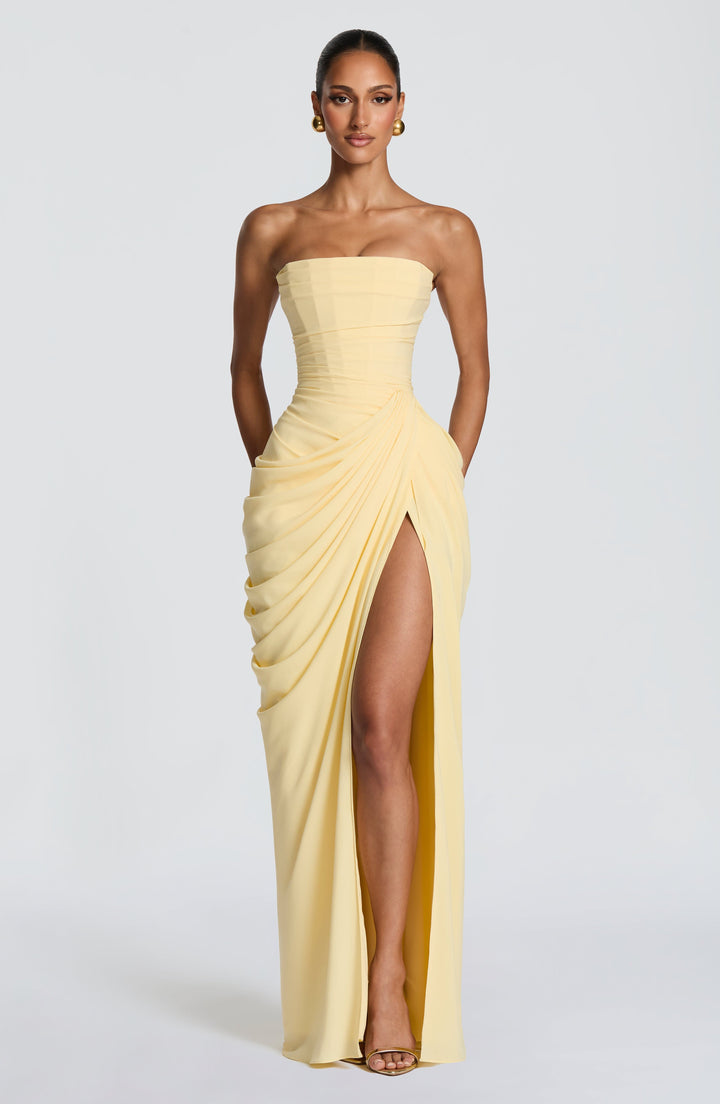 Skulpturales Maxikleid für Frauen – Elegantes trägerloses Design mit Beinschlitz 0