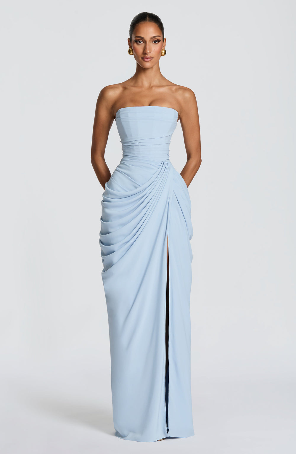Skulpturales Maxikleid für Frauen – Elegantes trägerloses Design mit Beinschlitz 1