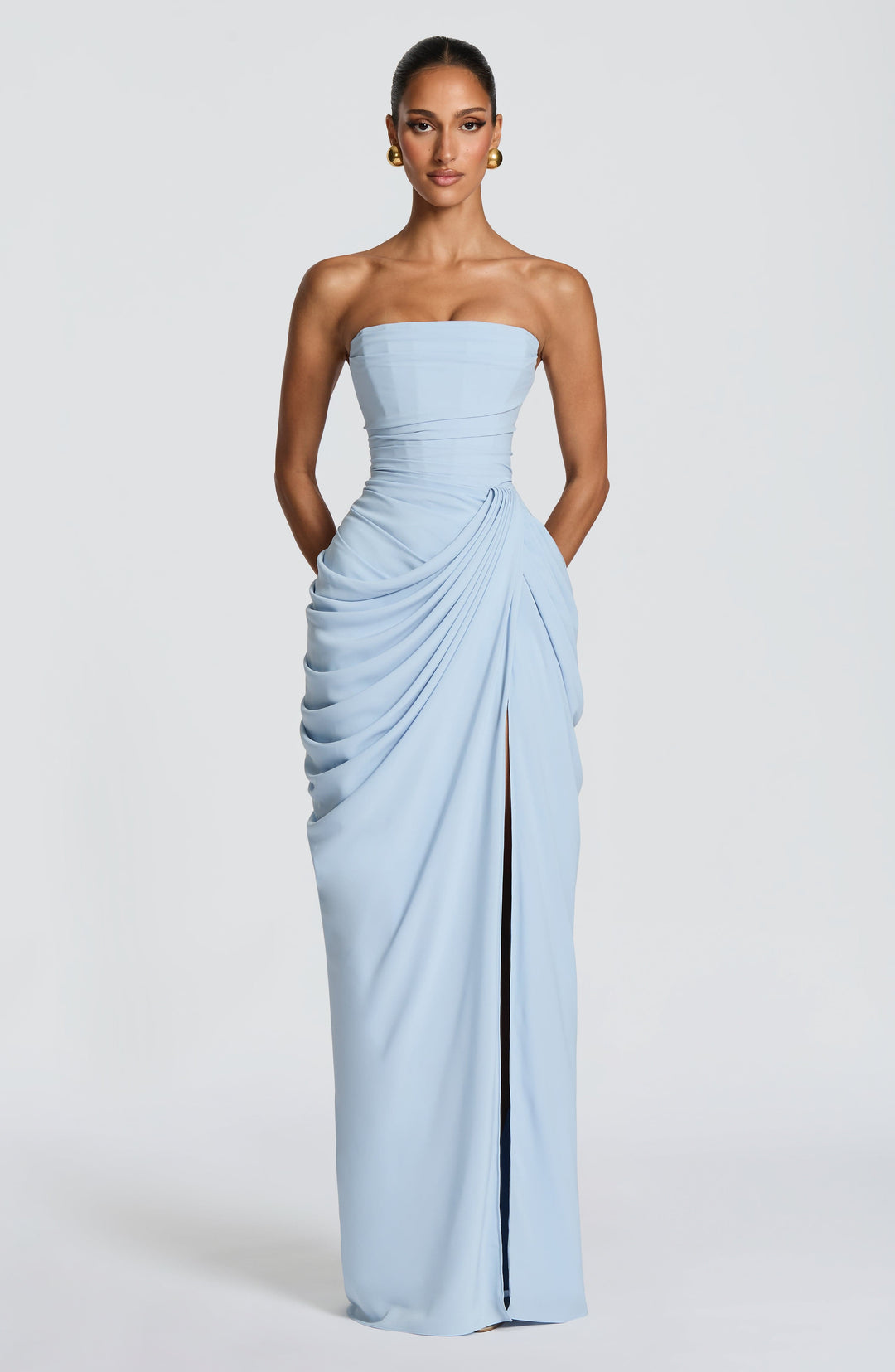 Skulpturales Maxikleid für Frauen – Elegantes trägerloses Design mit Beinschlitz 1