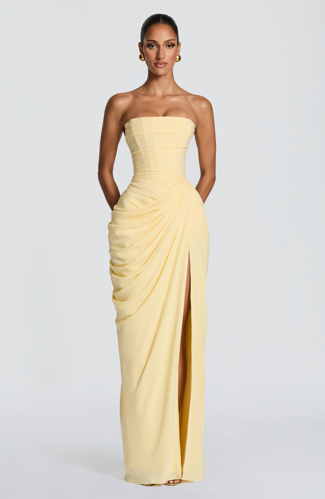 Skulpturales Maxikleid für Frauen – Elegantes trägerloses Design mit Beinschlitz 5