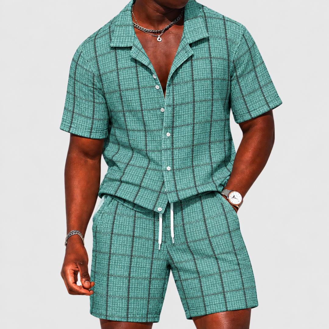 Herren-zweiteiliges Outfit-Kurzärmler-Button-Up-Shirt & Shorts-karierte lässige Passform
