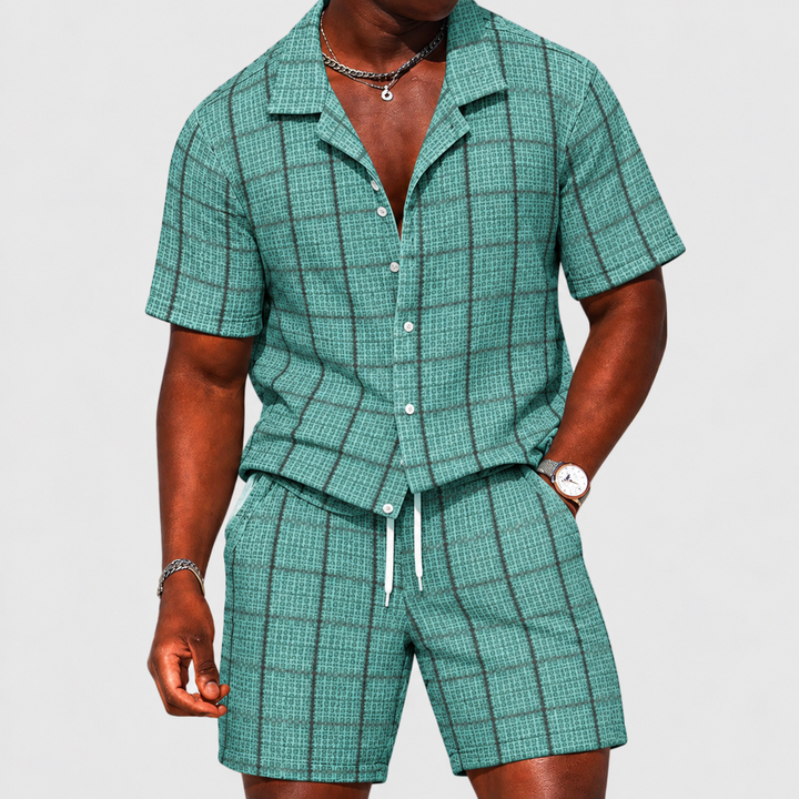 Herren-zweiteiliges Outfit-Kurzärmler-Button-Up-Shirt & Shorts-karierte lässige Passform
