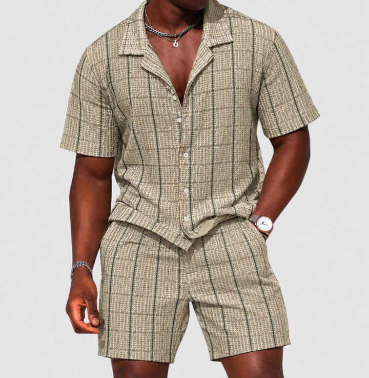 Herren-zweiteiliges Outfit-Kurzärmler-Button-Up-Shirt & Shorts-karierte lässige Passform