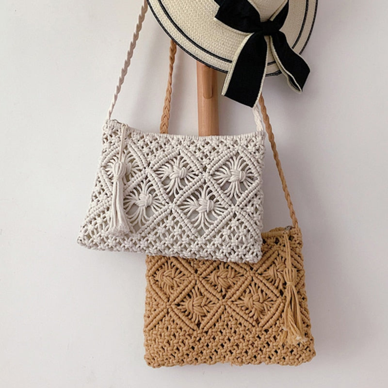 Umhängetasche Damen – Stylishe Gewebte Boho-Umhängetasche in Beige und Braun für Sommerliche Outfits 1