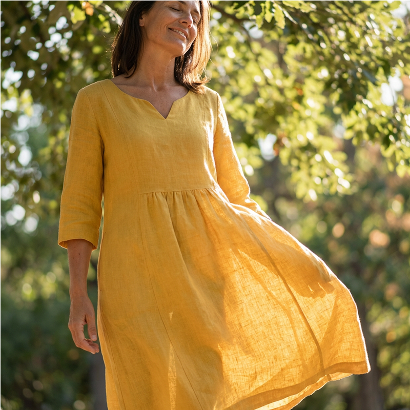 V-Ausschnitt Freizeitkleid für Frauen mit 3/4 Ärmeln und Taschen - Elegantes Midi-Kleid für den Sommer 1