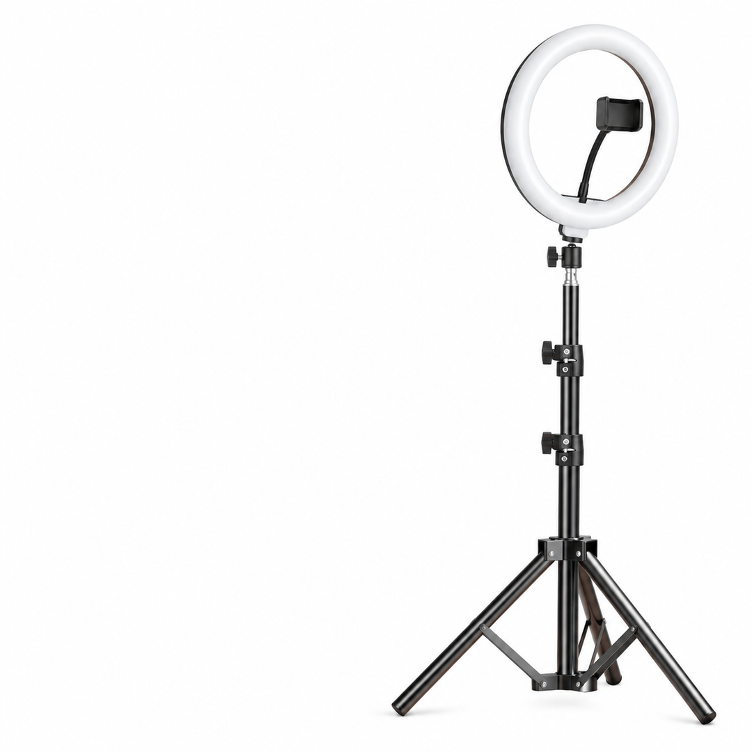 LED -Ringlicht mit verstellbarem Stativ und Telefonhalter für Selfies und Videoaufzeichnung