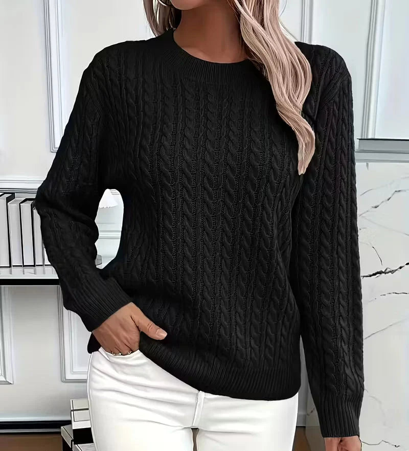 Women's Cable-Knit Crew-Neck Sweater with Ribbed Trim 0