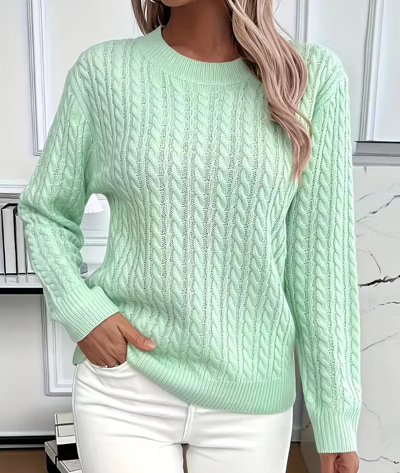 Women's Cable-Knit Crew-Neck Sweater with Ribbed Trim 1