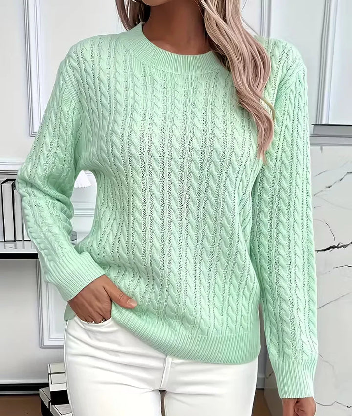Women's Cable-Knit Crew-Neck Sweater with Ribbed Trim 1