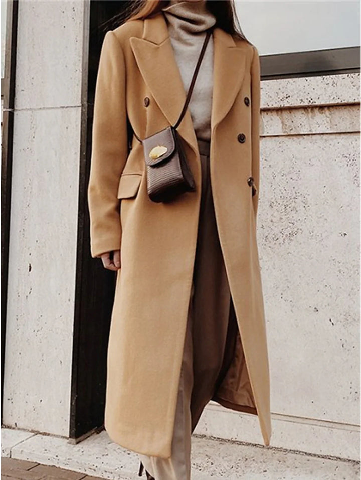 Women's Double-Breasted Long Coat with Notched Lapel 0