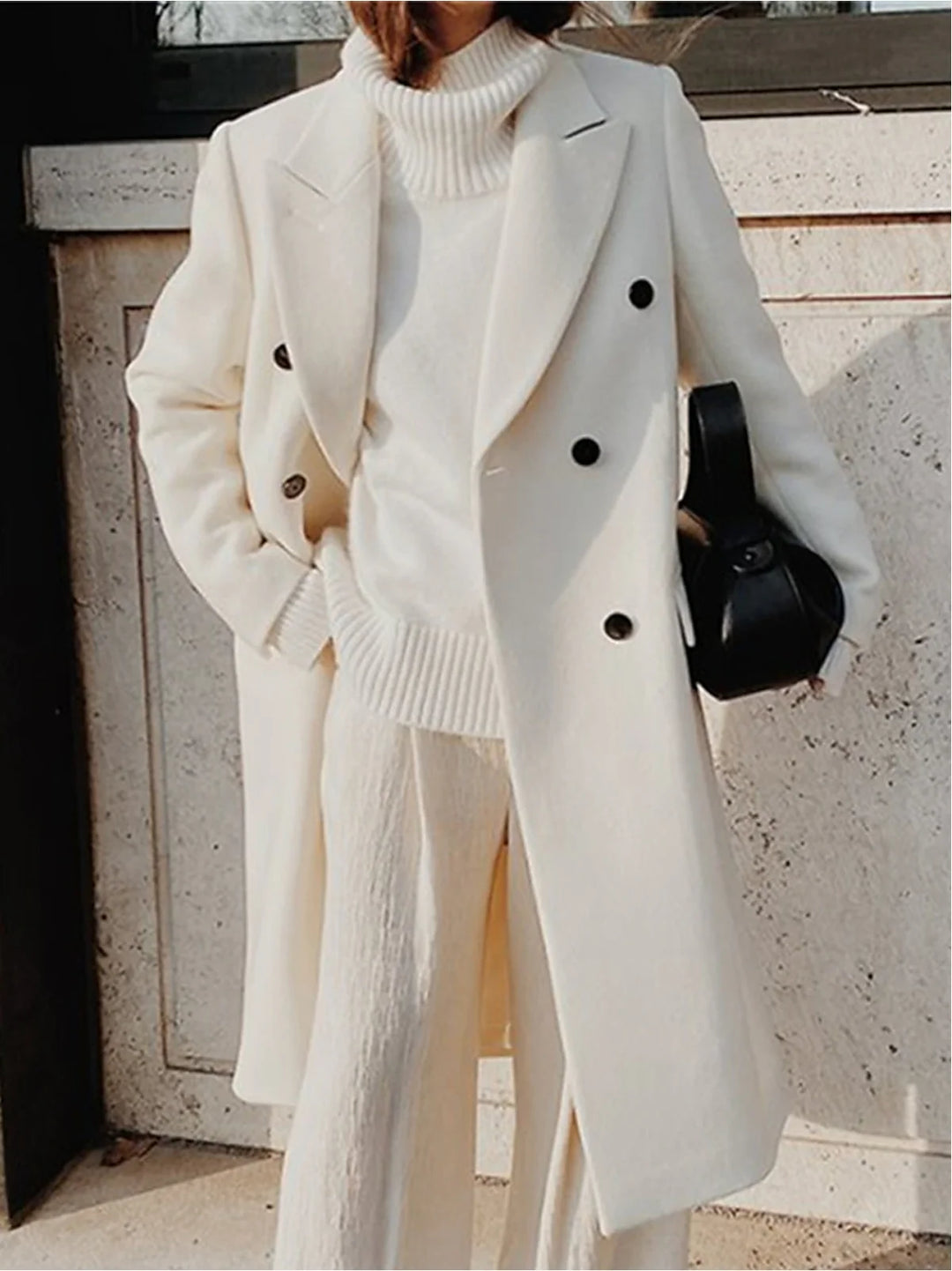 Women's Double-Breasted Long Coat with Notched Lapel 1
