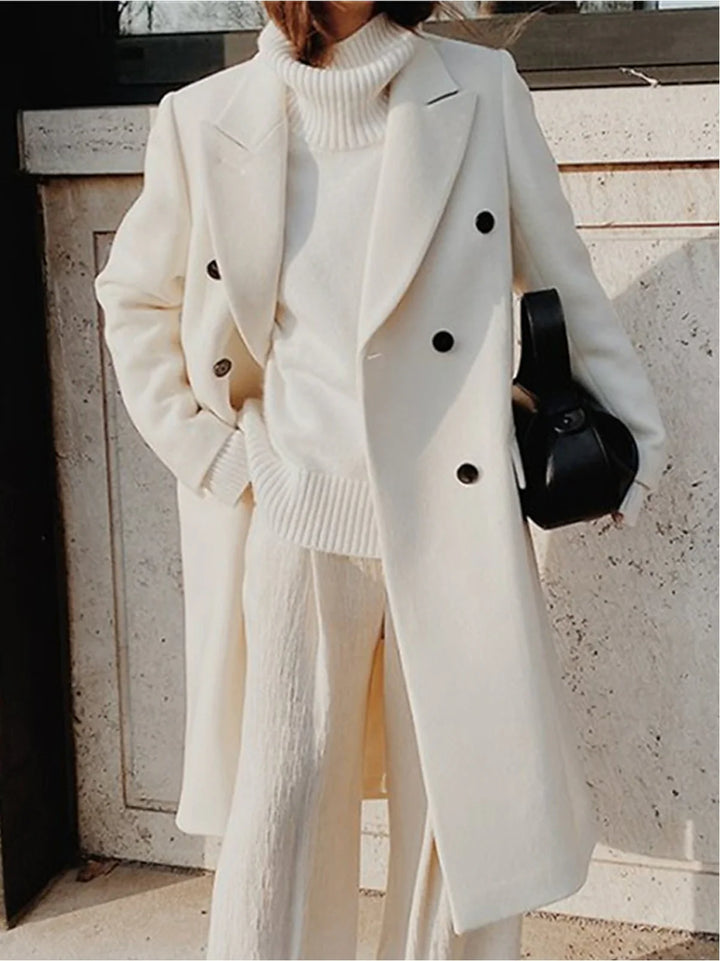 Women's Double-Breasted Long Coat with Notched Lapel 1