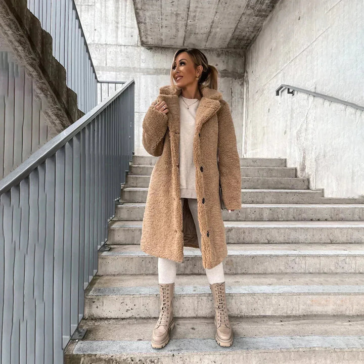 Women's Long Teddy Coat with Hooded Collar and Loose Fit 1