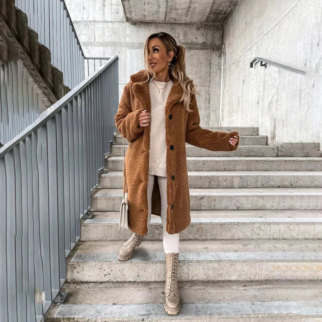 Women's Long Teddy Coat with Hooded Collar and Loose Fit 2