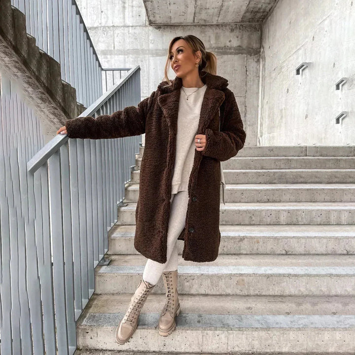 Women's Long Teddy Coat with Hooded Collar and Loose Fit 3