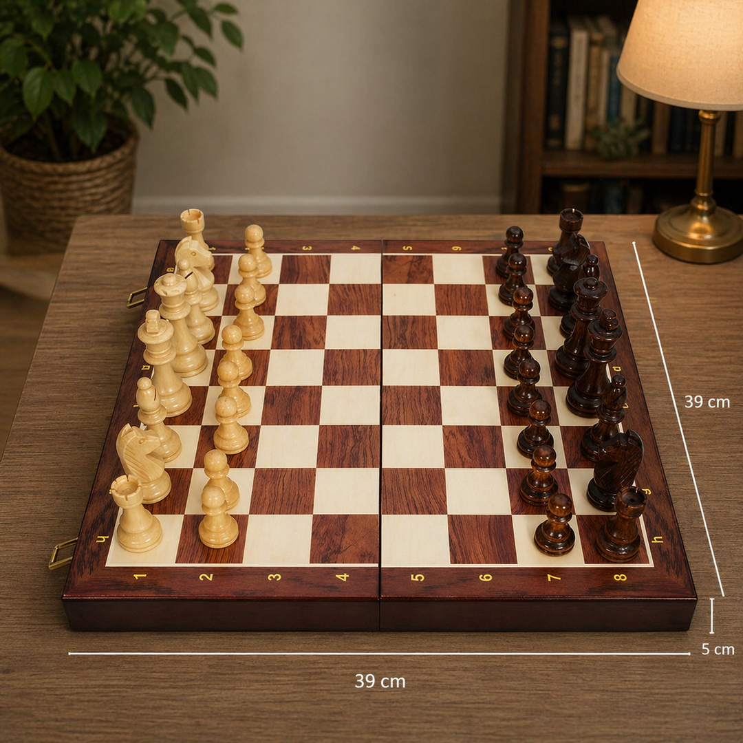 Strategio – Faltbares Schachspiel aus Holz mit Filzspielbrett