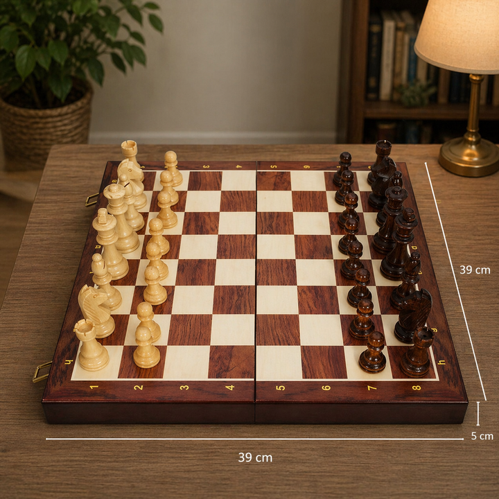 Strategio – Faltbares Schachspiel aus Holz mit Filzspielbrett