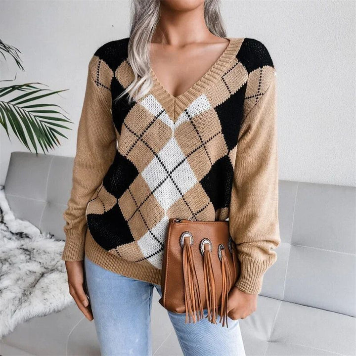 Opal | Gemütlicher V-Ausschnitt Argyle Strickpullover