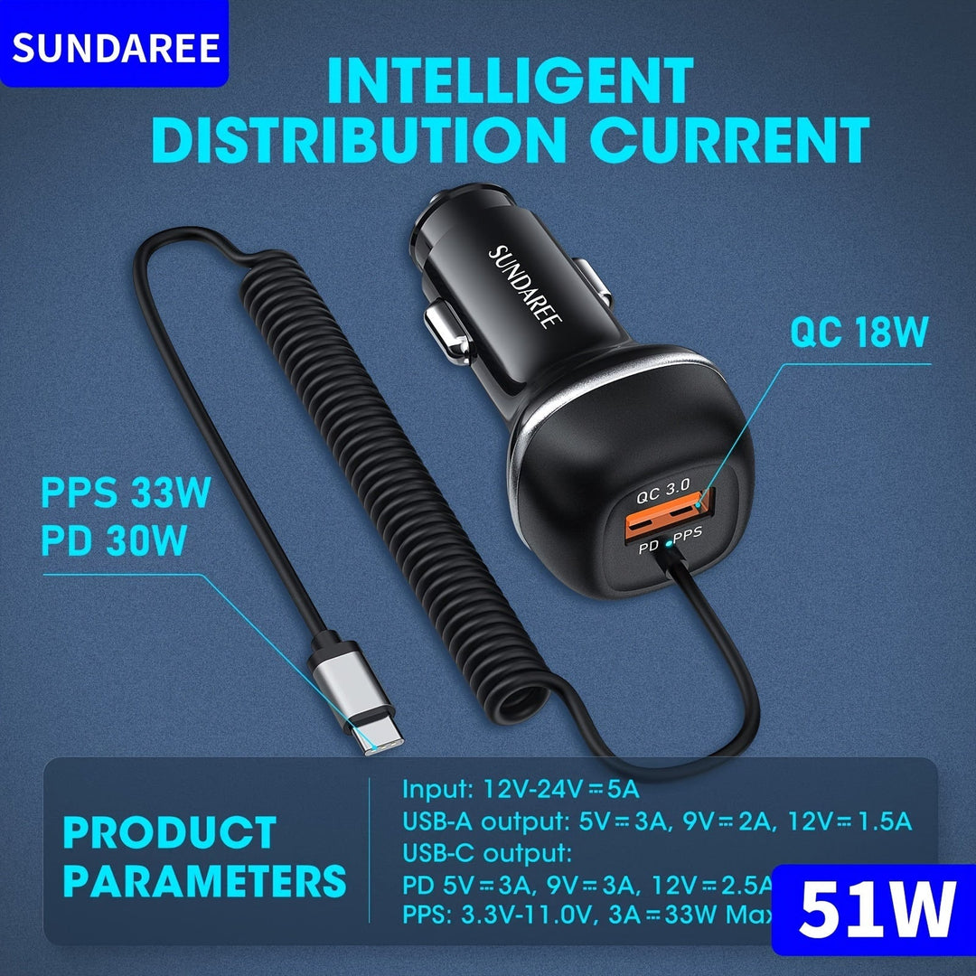 Schnelles USB-C-CAR-Ladegerät mit 51-W-Strom, 3 Ports und QC 3.0-Technologie für mehrere Geräteladungen-2