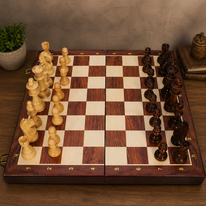 Strategio – Faltbares Schachspiel aus Holz mit Filzspielbrett